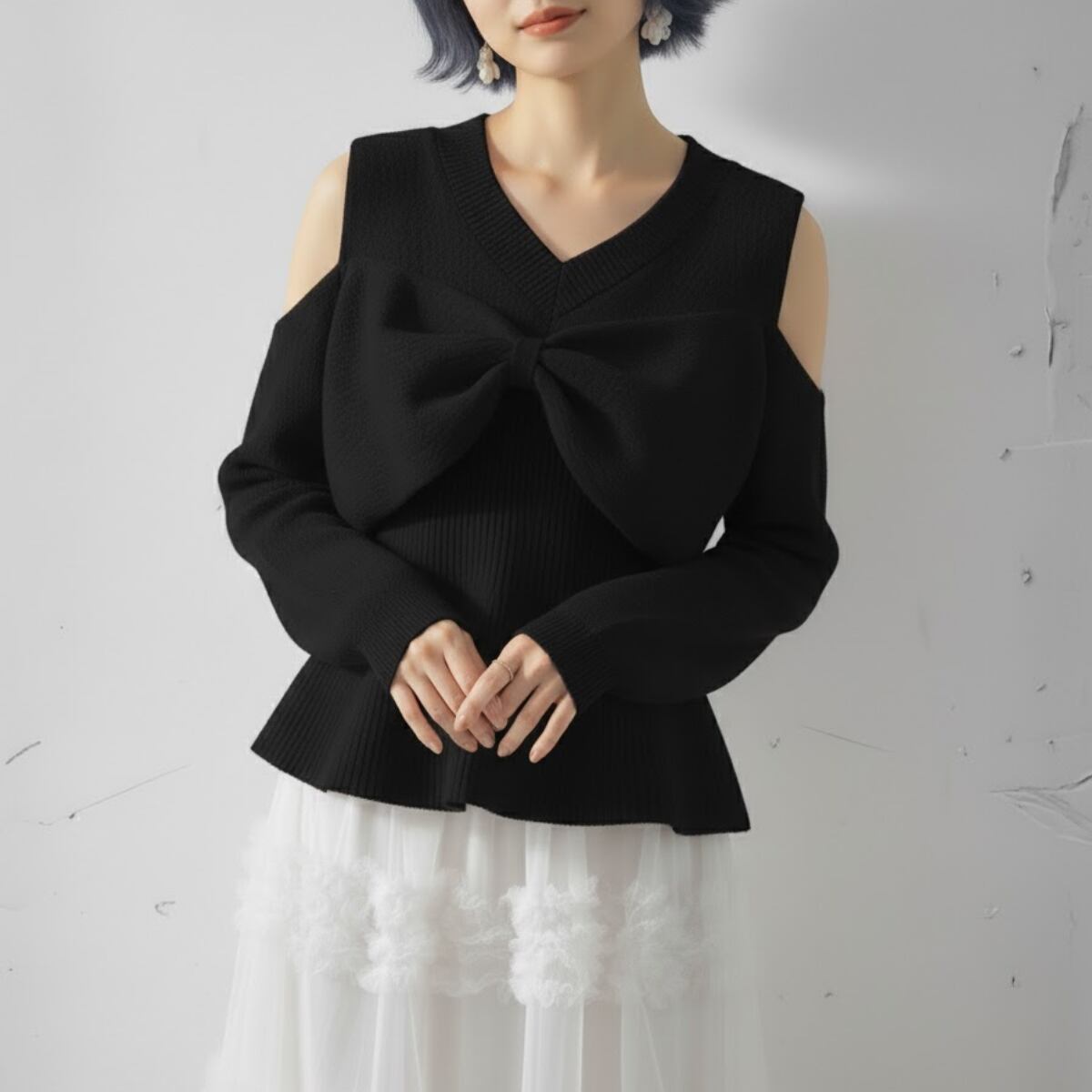 Big Bow Open-Shoulder Knit Top ch0260