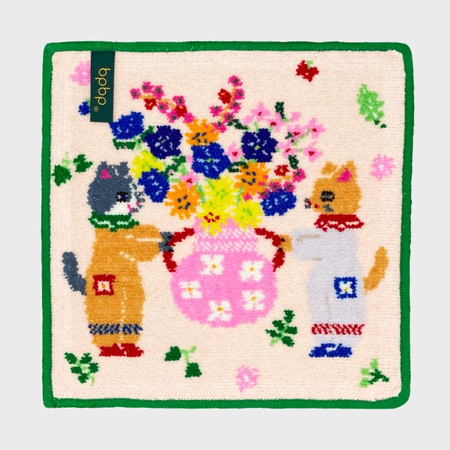 【Aiko Fukawa】布川愛子 CHENILLE  HANDKERCHIEF  猫たちと花瓶 シェニール織ハンカチ