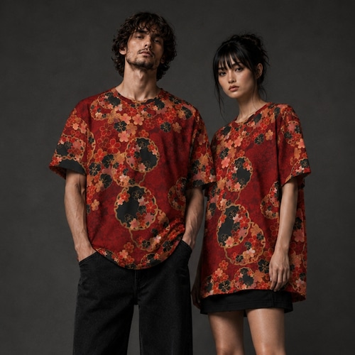 和紋様装飾　桜蝶雪輪　紅　和柄230GヘビーウェイトコットンTシャツ