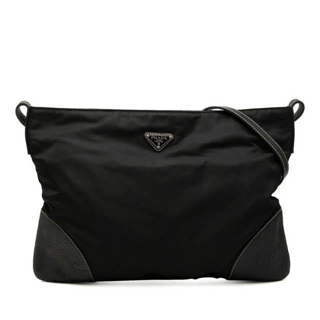 プラダ 三角ロゴプレート 斜め掛け ショルダーバッグ ブラック ナイロン レザー レディース PRADA 【中古】