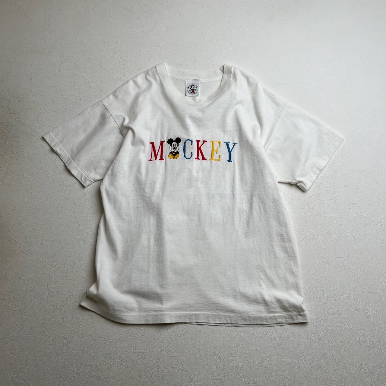 90s USA Disney ミッキーマウス 刺繍ロゴ シングルステッチ Tシャツ ディズニー ホワイト 古着