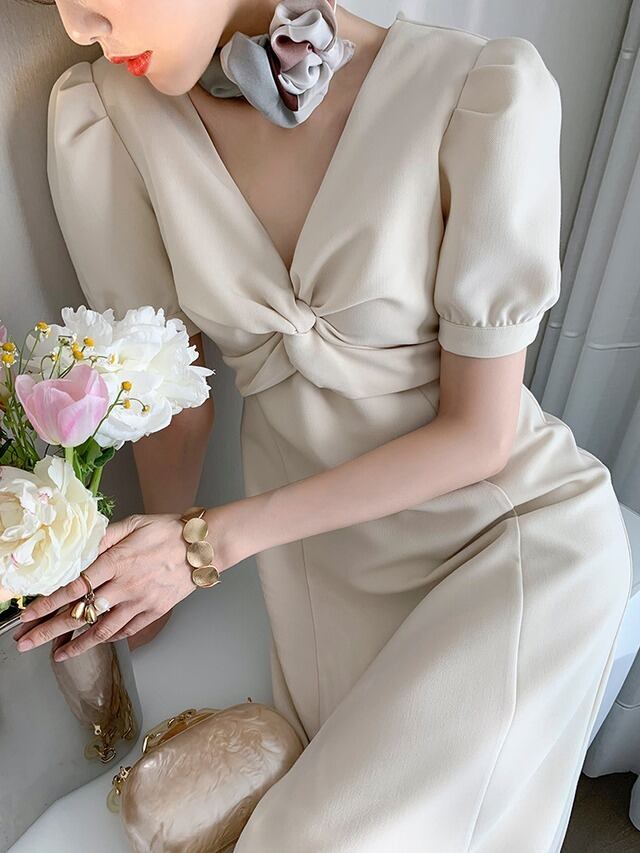 韓国風 ベージュ サイズXL クロスVネック ハイウエスト