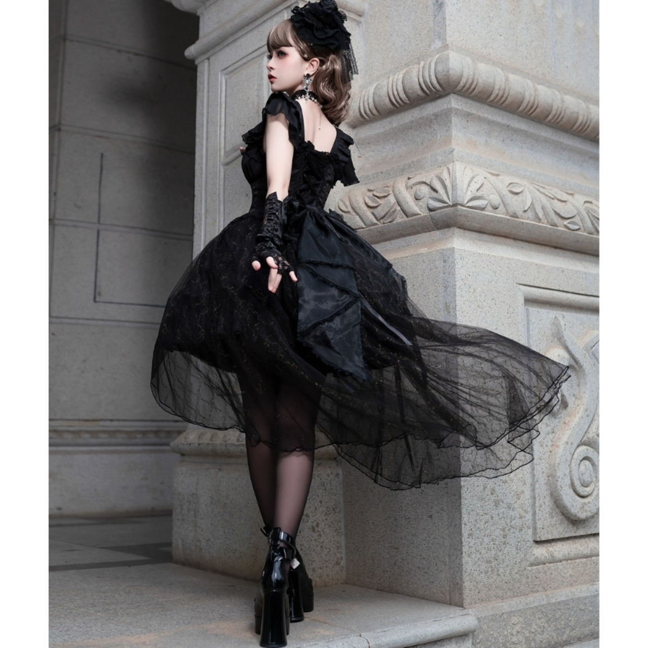 黒いレースドレス アシンメトリック裾（天使と悪魔 サブカル服 ドレス 