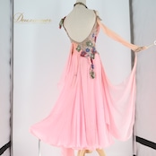 社交ダンス 衣装 エダスー edda hsu スタンダードドレス ワンピース ドレス デモ 競技 ダンス パーティ 発表会 綺麗 落ち感 レース 花 フロート ピンク系 エレガント 軽やか 優雅 フェミニン 上品 競技用