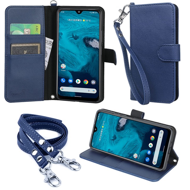 wisers Android One S9 ケース 手帳型 京セラ KYOCERA Y mobile ワイモバイル スマートフォン スマホケース ハンドストラップ ネックストラップ カードホルダー ダークブルー