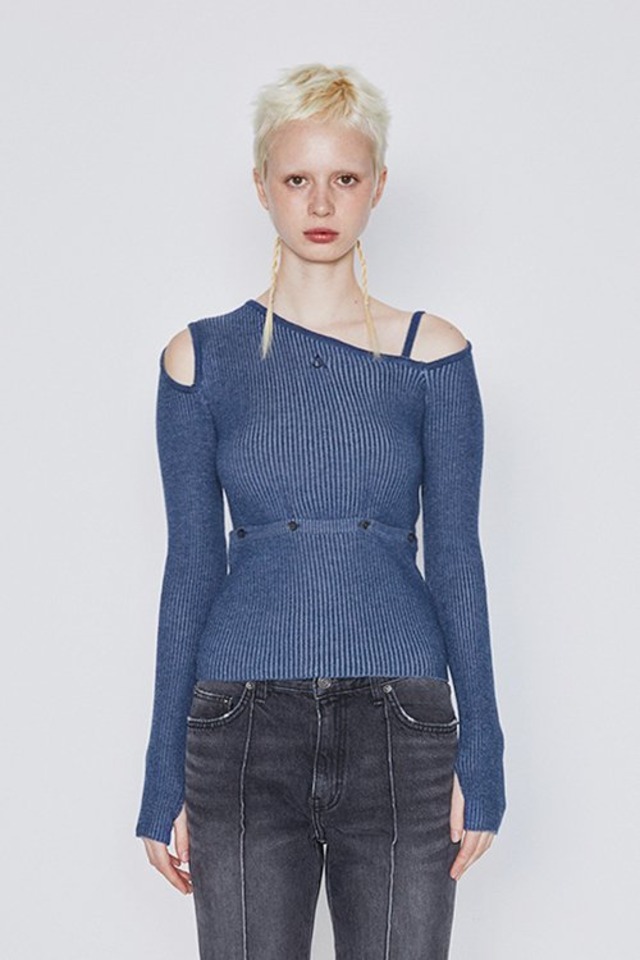 [AFTERHOURS] TWO WAY RIBBED OFF SHOULDER KNIT TOP (INDIGO)