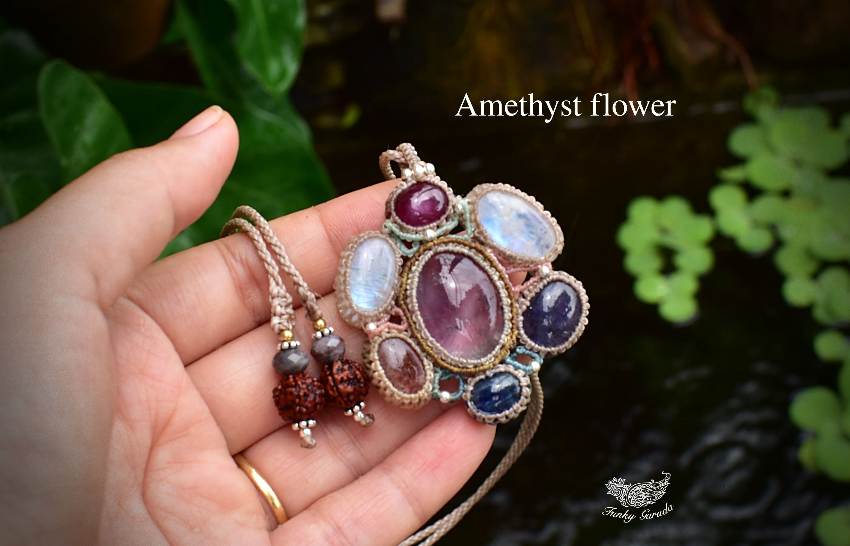 宝石の花★アメジストフラワー マクラメペンダントame011