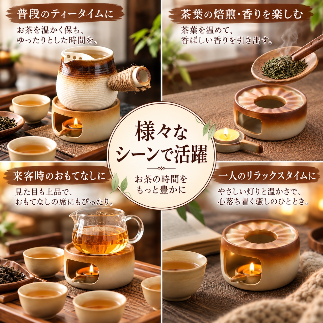 YF130.柴焼き陶器 温茶炉セット｜キャンドル式ティーウォーマー・茶