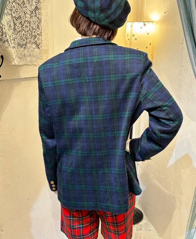 80’s red × navy × green check wool jacket