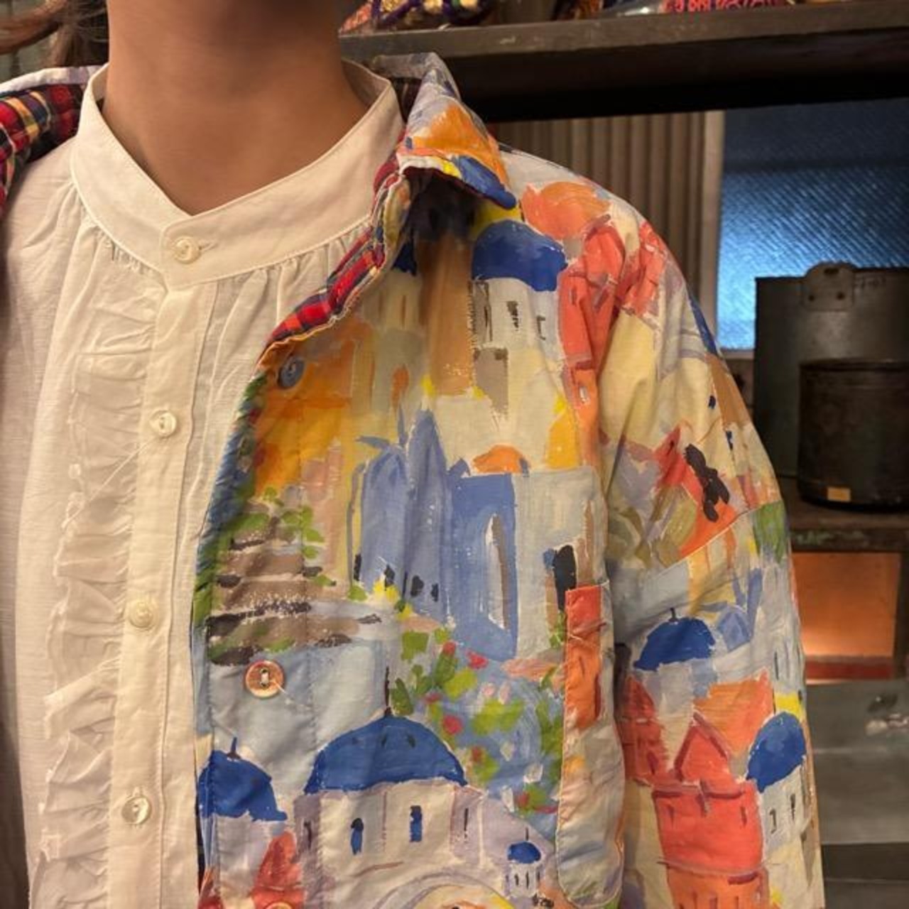 TOPANGA Lady's Watercolor cityscape & check reversible quilted jacket Blue　水彩の街並みとチェック柄のリバーシブルキルティングジャケット　ブルー