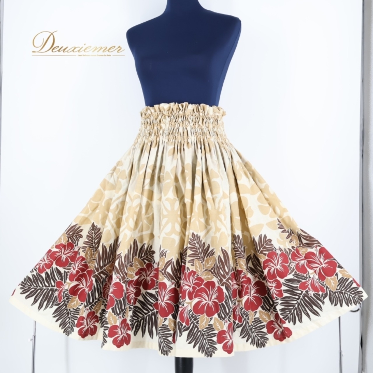 フラダンス 衣装 パウスカート ベージュ系 パウスカートショップ ハイビスカス柄 ラウアエ柄 シングル 日本製 赤 茶 フラ ダンス 花柄 レッスン 練習 ハワイアン アロハ ハワイアンプリント レッド系 ブラウン系