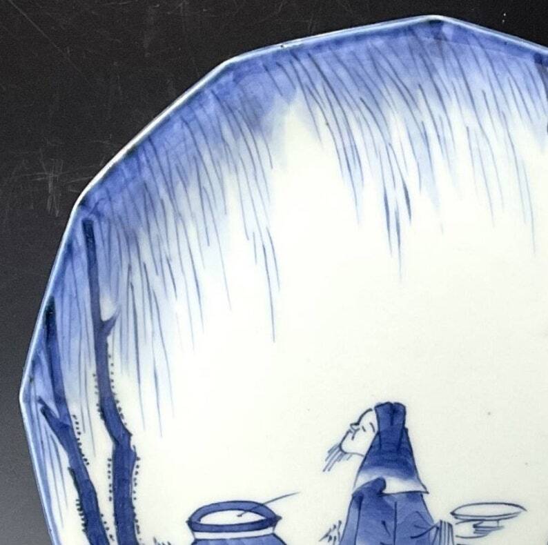 17.5cm/古伊万里 染付 柳下観花文12角皿 江戸時代後期 17.5cm/古伊万里 染付 柳下観花文12角皿 江戸時代後期