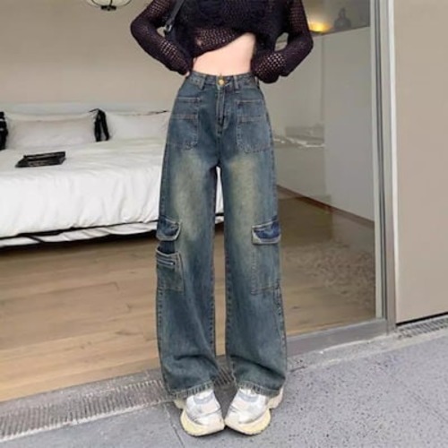 【3日以内出荷】脚長効果！デニムパンツ ワークウェアパンツ レディース 春秋新作 大きいサイズ ゆったり レトロ ドレープ ワイドパンツ 韓国ファッション