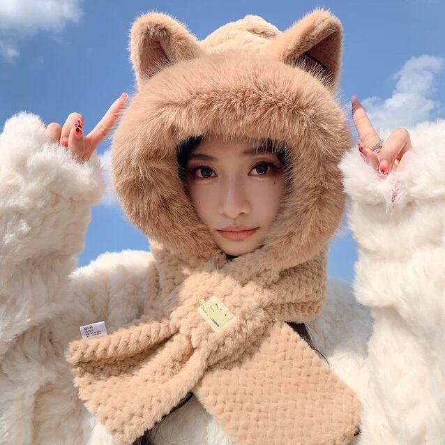 帽子 ニットマフラー 小顔効果 一体型 かわいい 防寒 保温 キツネ耳