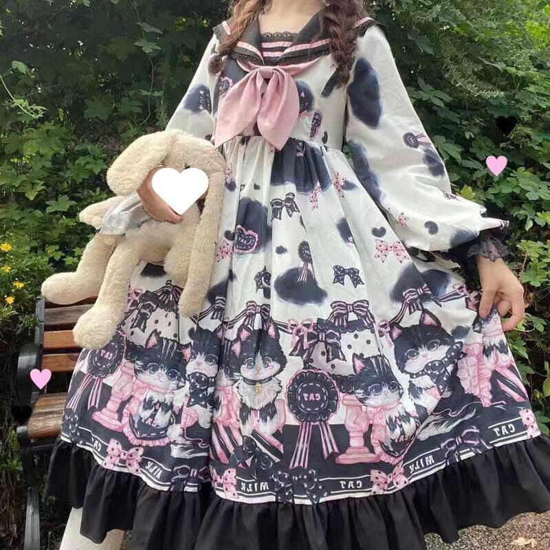 ロリータ♪♪長袖ワンピ／セーラー服／猫／ハチワレ／コスプレ