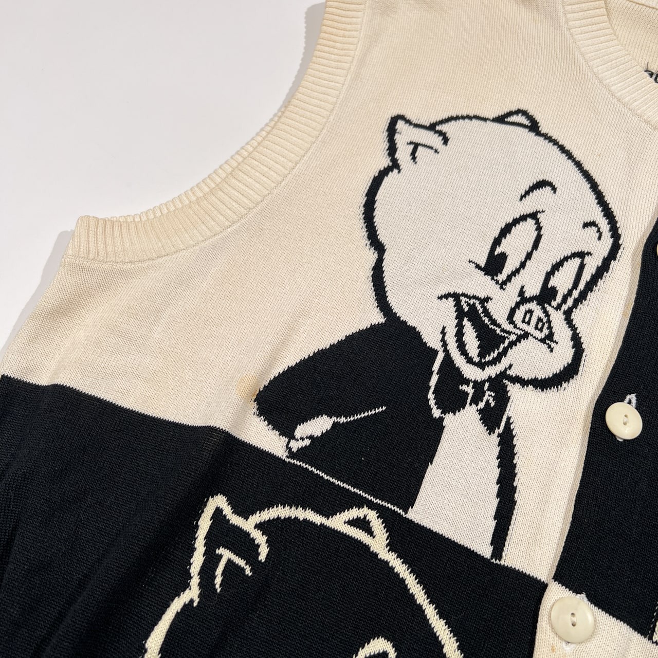 GREENCLUBS グリーンクラブ ポーキーピッグ 前ボタン コットンニット ベスト サイズ 5 /メンズ/アイボリー系×ブラック/ワーナー/日本製