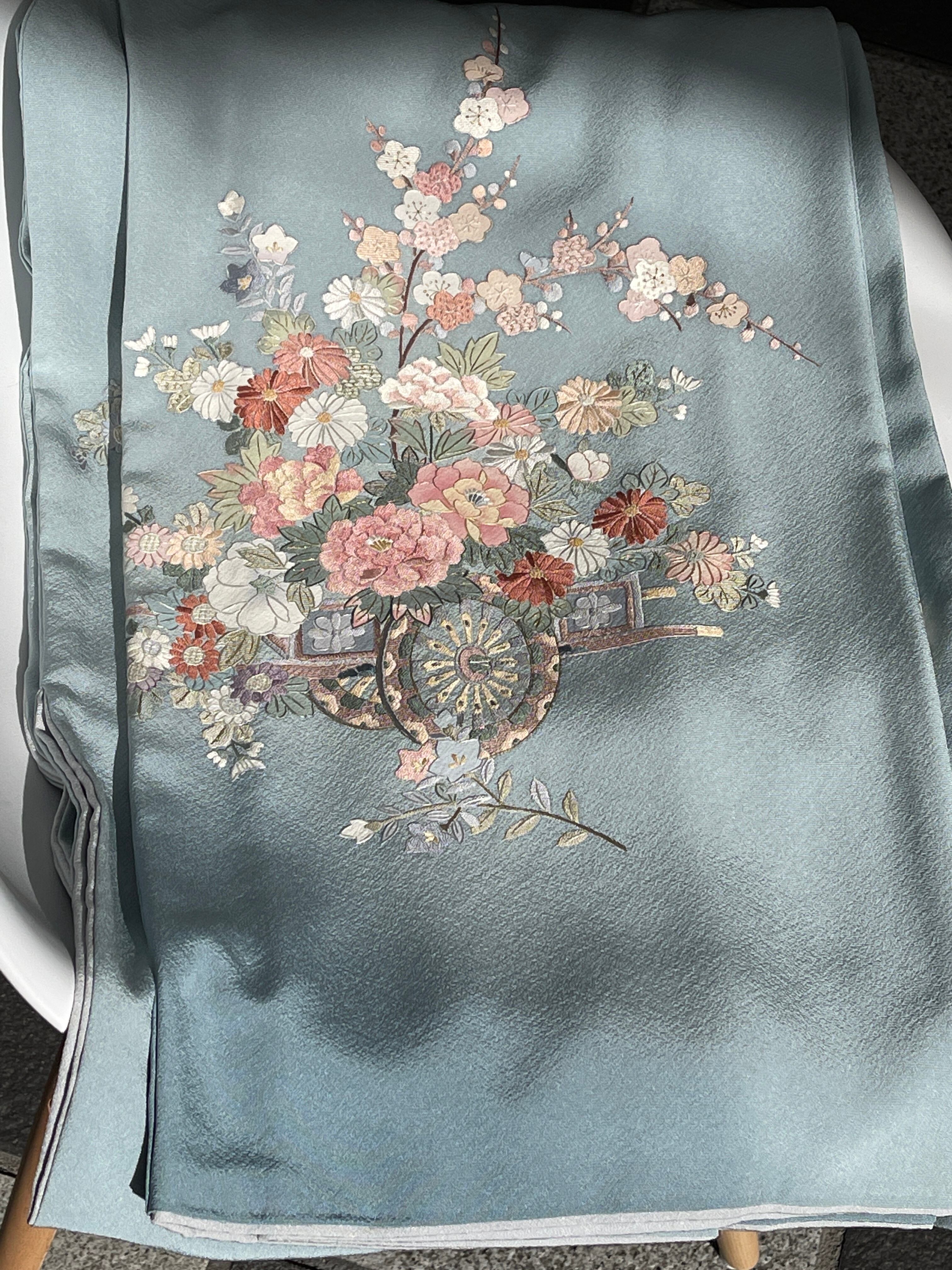 訪問着 トールサイズ ブルー系 水色 パステルカラー 蘇州刺繍 花車 四季の花 証紙あり フォーマル 結婚式 入学式 卒業式 七五三