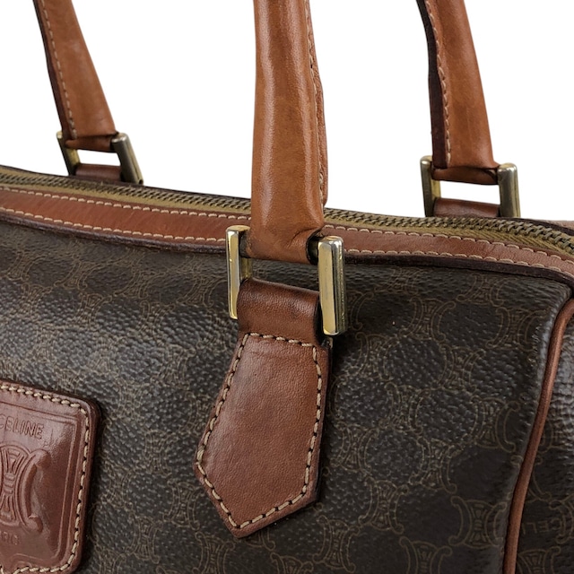 CELINE セリーヌ マカダム ブラウン ブラゾン型押し PVC レザー ミニボストン vintage ヴィンテージ オールド 3wak2v