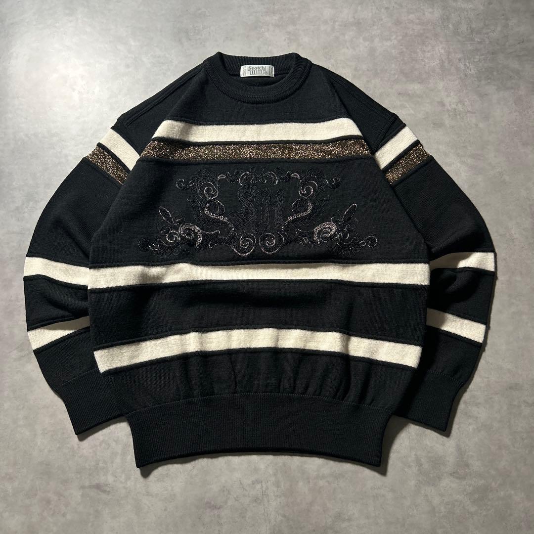 ヴィンテージ ブラック ボーダー 刺繍 ロゴ レトロ デザイン ニット セーター