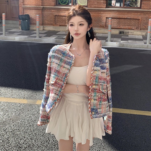 アウター ジャケット ツイード カラフル チェック柄 女っぽさが漂う S M L