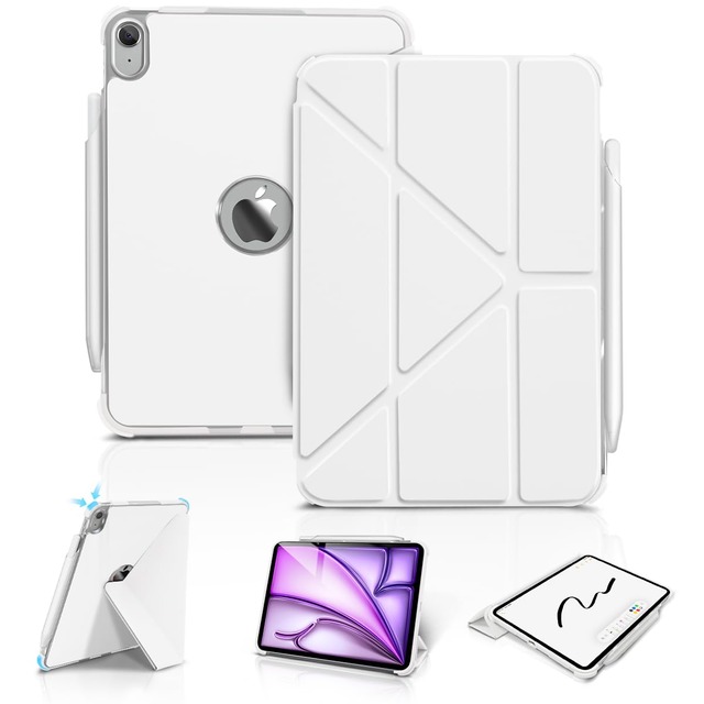 WONZIR iPad Air 11インチ ケース(M4/M3/M2、2026/2025/2024、第8/7/6世代) Y折りたたみスタンド ipad air 第5/4世代 ケース(10.9インチ 2022/2020) 縦置き横置き自由調整 四角ガード ペン収納対応 透明ロゴ窓付き 軽量薄型設計 全面衝撃保護 耐久性 三角形スタンド 安定感 Pencil対応 - ホワイト