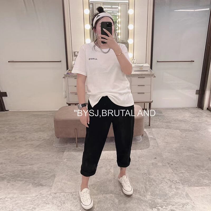 サマーラウンドネックプリントTシャツ ストレッチウェストカジュアルパンツ エラスティック 伸縮 大きめサイズ 夏物 Oネック ミックスインファッション3643484568