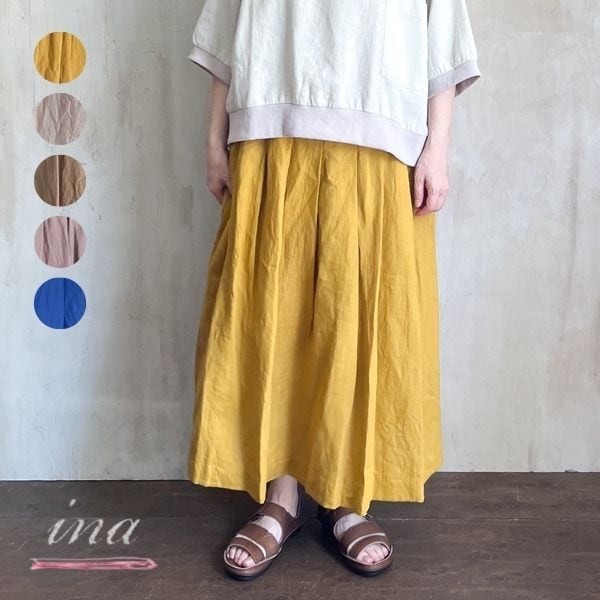 紐テープのやさしいアクセント♪ リネンウエスト紐タック ロングスカート /ina(イナ) 135128
