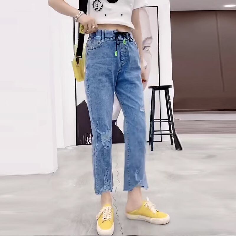 サマー薄手ハイウェストスリムジーンズ 大きめサイズ 夏物 ミックスインファッション84706642538