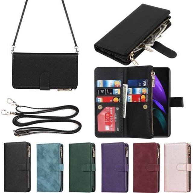 Eastwave for Galaxy Z Fold2 ケース サムスン ギャラクシー Z フォールド2 縄掛けケース 手帳型 財布型 ICカード コインポケット ストラップ付き カード 収納 小銭入れ ファスナーポケット付き PUレザー 6色 ブラック 2543