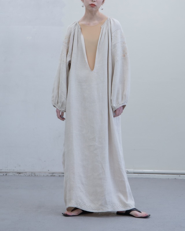 1930s〜 embroidered lawn linen puff sleeves long dress