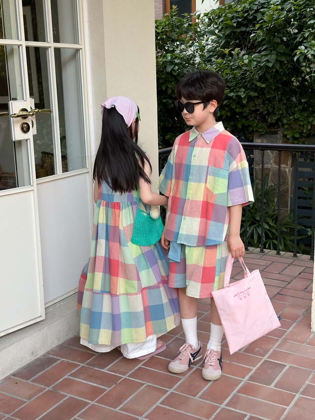 【兄妹服】カラーチップチェックセットアップ/ワンピース - 12