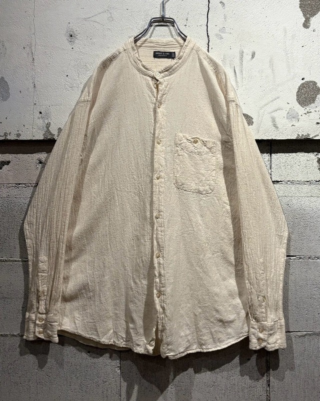 【Caka otto】Stripe Pattern Vintage Loose L/S Band Collar Shirt