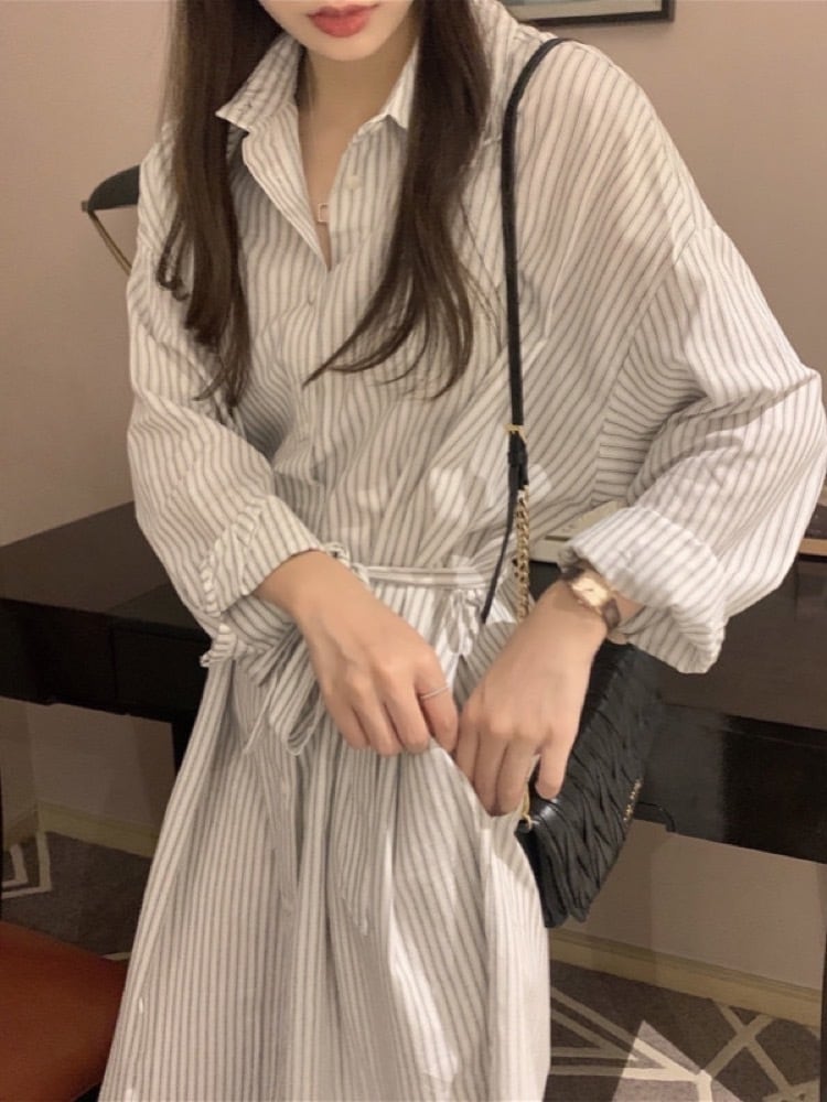 ナチュラルな着心地で大人の抜け感を リネンストライプシャツワンピ 大人カジュアル シンプル デイリー リラックス 大きいサイズ 韓国 CH9812