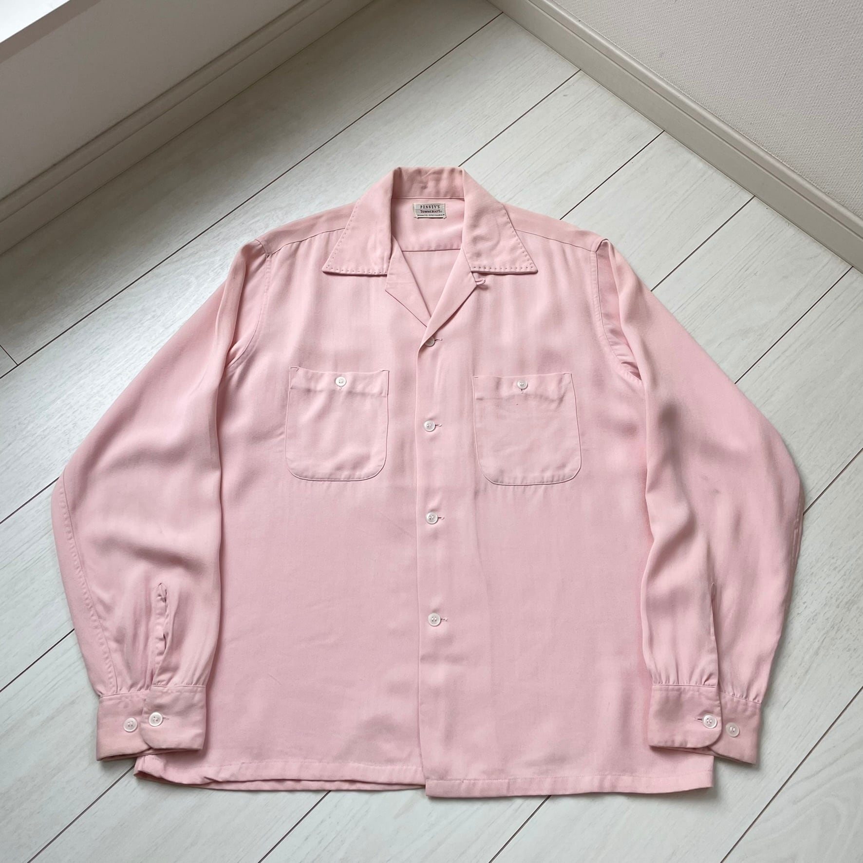 sizeM 50s 薄ピンク TOWNCRAFT ビンテージ レーヨンシャツ 開襟シャツ オープンカラーシャツ タウンクラフト ペニーズ ロカビリー  50年代 penney's