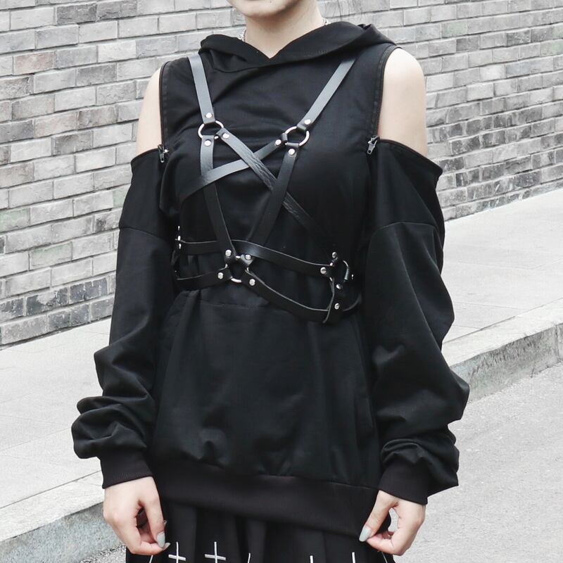 サブカル 服 地雷系 通販 サブカルファッション Miub Miub スウェットシャツ オフショルダー バンドルストラップ ジッパー フード付き