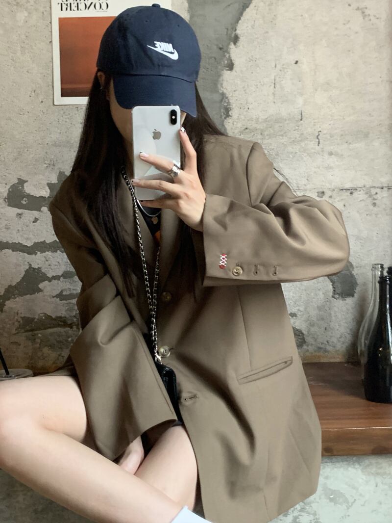 カーキスタンダードジャケット スプリングオータム薄手 ロング レトロ 春物 秋物 モンロー97933808431