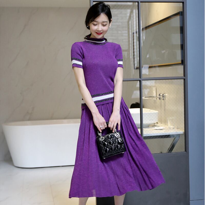 半袖 タートル ニットトップス プリーツスカート セットアップ