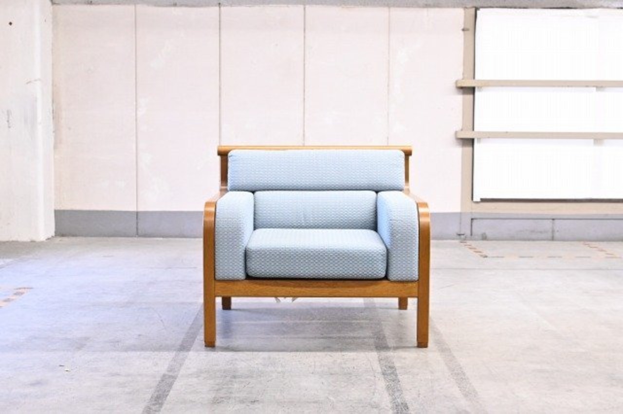 天童木工 イージーチェアa ナラ材 1人掛けソファ 水色 剣持勇 剣持デザイン研究所 リビング ロビー 応接室 ファブリック クッション【中古家具/中古インテリア/USED家具ユーズド家具/リサイクル】