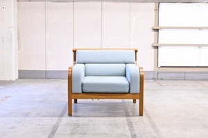 天童木工 イージーチェアa ナラ材 1人掛けソファ 水色 剣持勇 剣持デザイン研究所 リビング ロビー 応接室 ファブリック クッション【中古家具/中古インテリア/USED家具ユーズド家具/リサイクル】