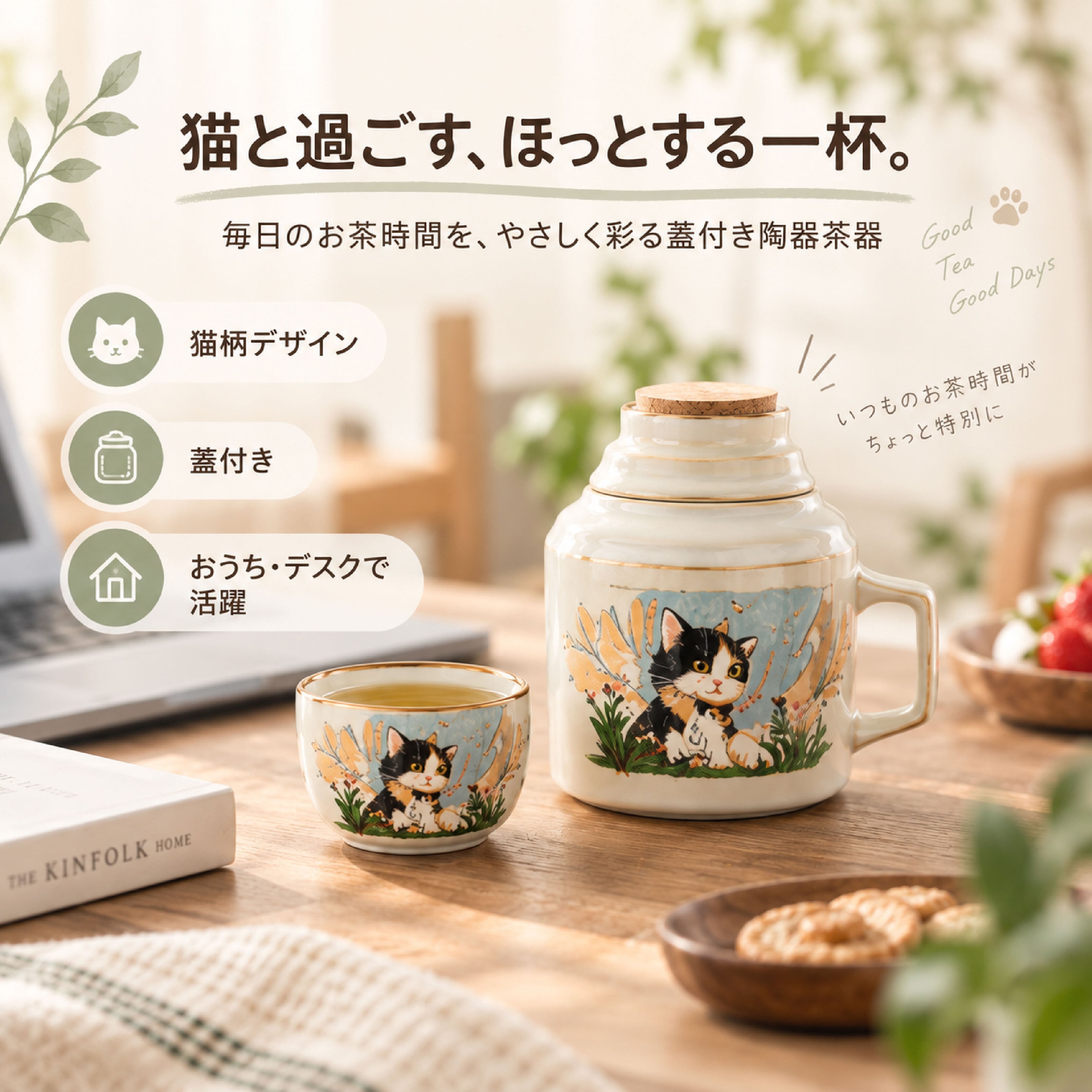 HY 1130 .猫柄陶器茶器 蓋付きマグカップ 急須風ティーカップ