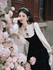 【0136】Black Chic Ribbon Velvet Long Sleeve Dress