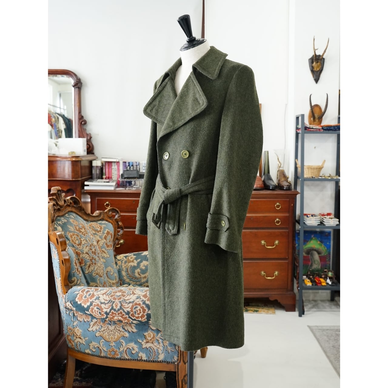 C&A オリーブ ウール ダブルブレスト コート(実寸M〜L相当)|NA427