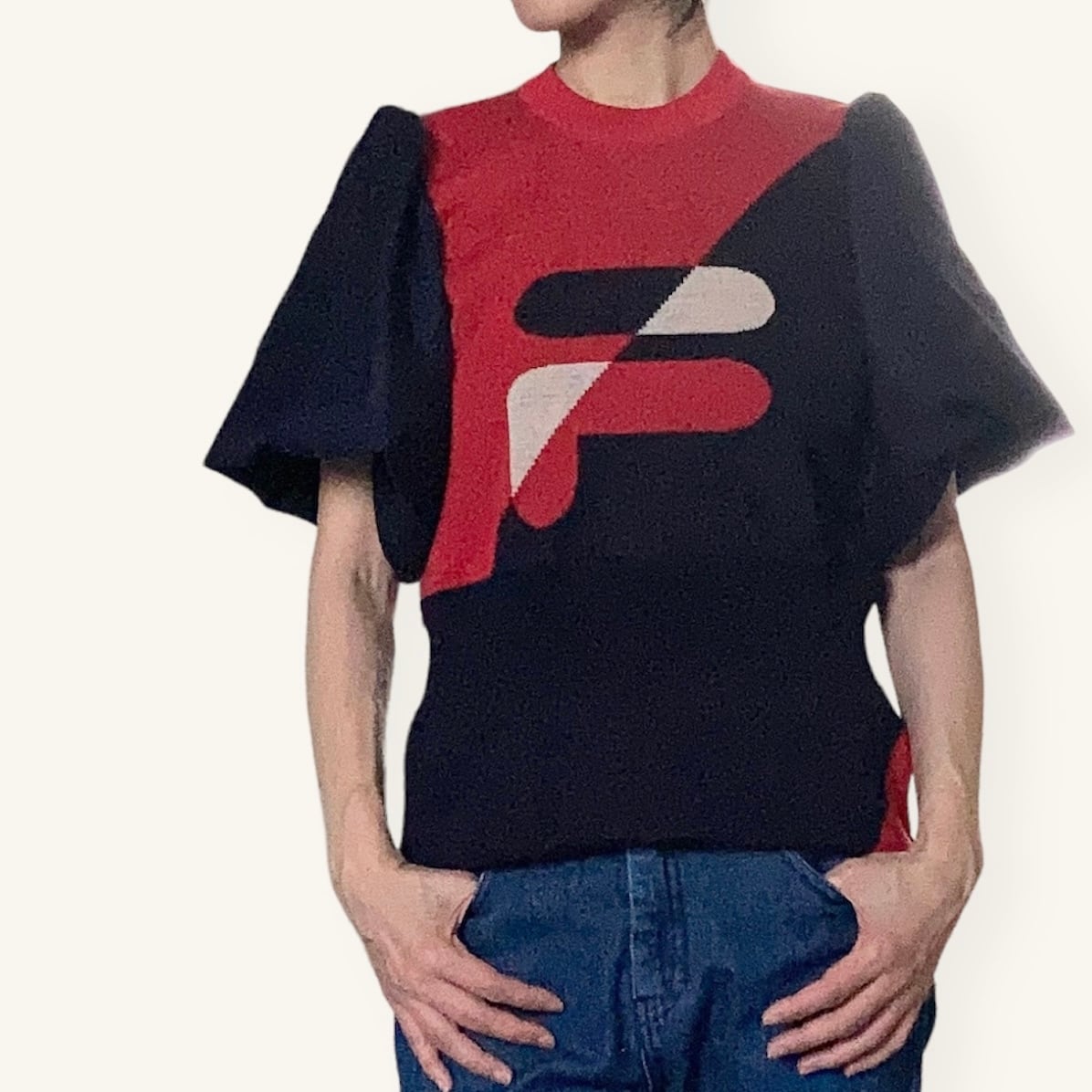 ZOZOTTE パフスリーブリメイクニット/レッド&ネイビー