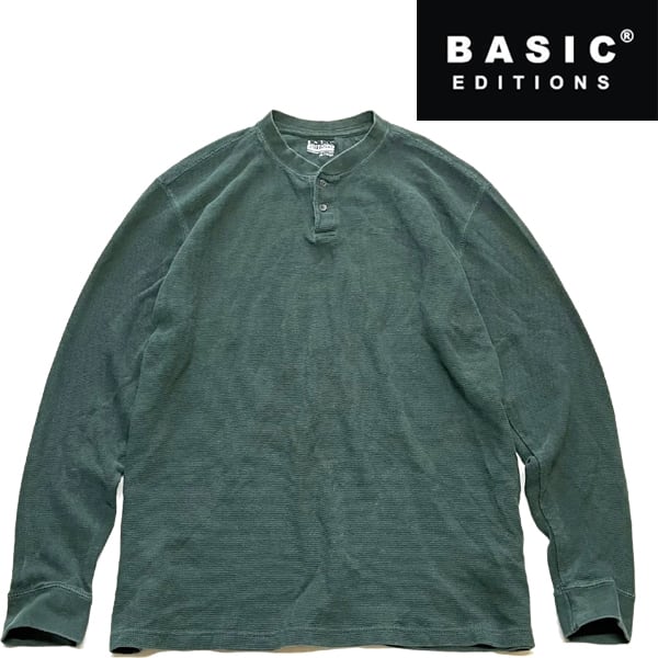 1点物◇Basic Editions深緑ヘンリーネック長袖サーマルTシャツ古着