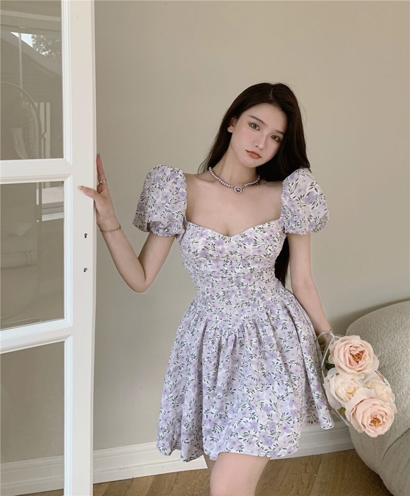 フローラルドレス スリーブショートスカート サマーカラー 夏物 花柄 パープル スクウェア ブラックストロベリース51419708692