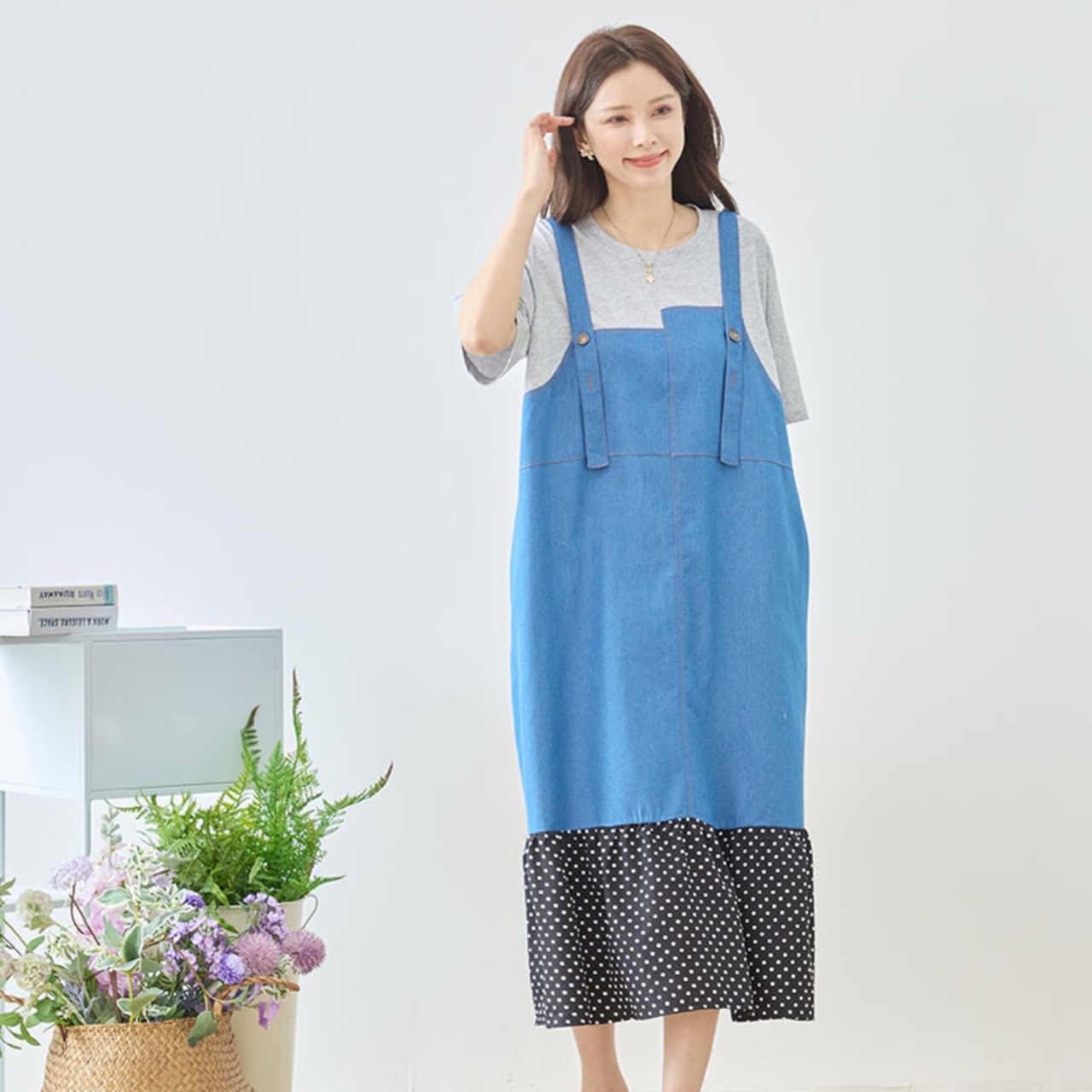 TRUBE デニム×ドット裾異素材切替サロペット風ドッキングワンピース【M~L】グレー