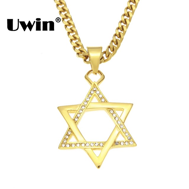 Uwin ユダヤ人 Magen ダビデの星ネックレス男性/女性ゴールドカラーイスラエルユダヤジュエリーハヌカアイスギフトジュエリー