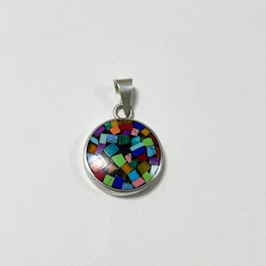 Vintage 925 Silver Multi Stone Mosaic Inlay Pendant Top Made In Mexico
