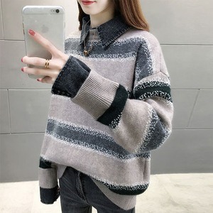トップス レディース 送料無料 2色展開 セーター ニット シャツ 襟付き 重ね着風 ボーダー レイヤード 長袖 ゆったり ゆる ワイド フリーサイズ 楽ちん 大きめ ビッグシルエット あったか 暖か カジュアル ラフ お洒落 おしゃれ こなれ感 メンズライク マニッシュ ボーイッシュ かっこいい カッコイイ グレー アイボリー ブラック ライトグレー 異素材ミックス 異素材MIX 秋服 冬服 10代 20代 30代 おでかけ 普段使い 着回し デート お揃い オルチャン ファッション コーデ 2021