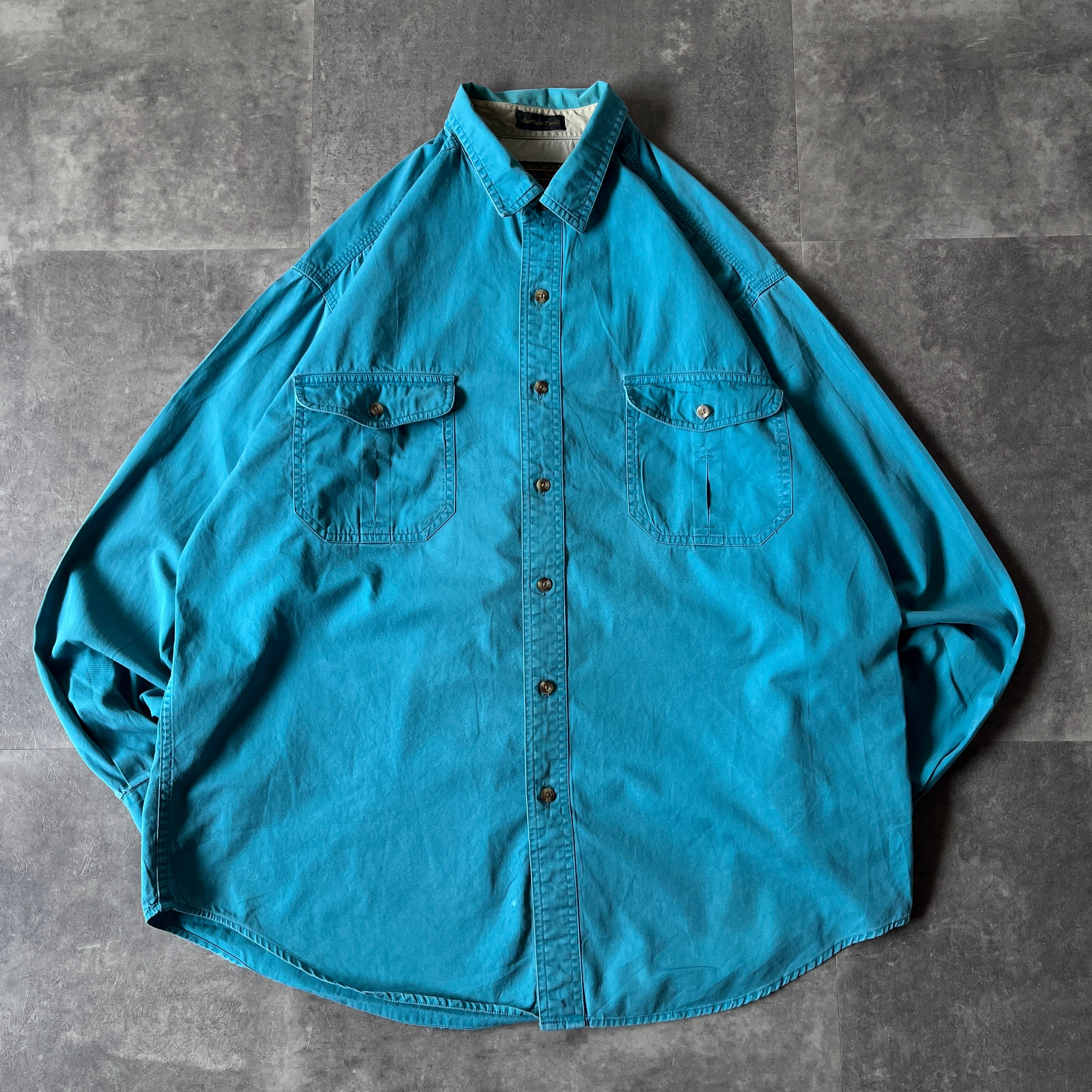 80-90s Eddie Bauer 無地ワークシャツ ブルーグリーン XL A233 黒タグ